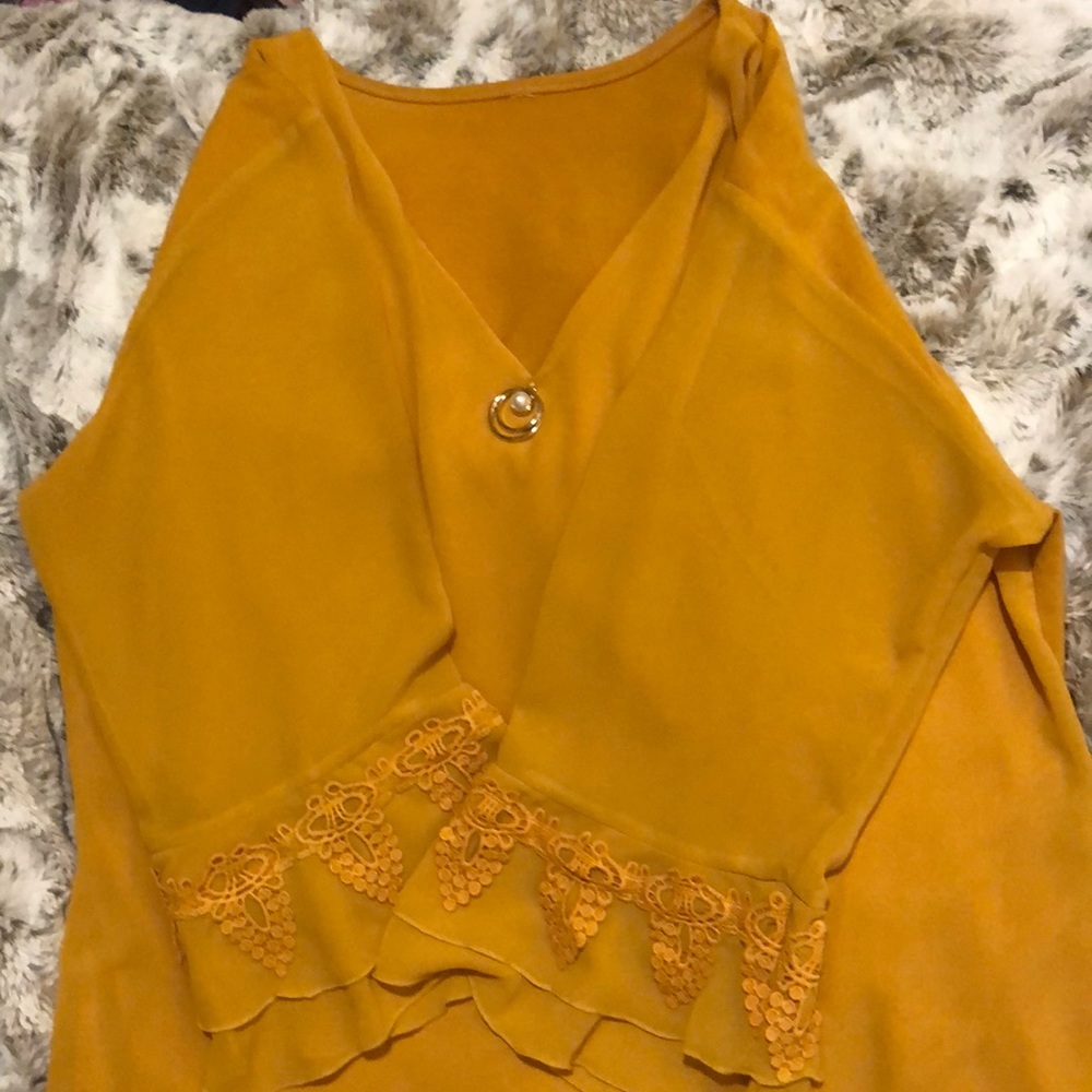 Mustard colored blouse with gold/pearl detail and lace flounce sleeves